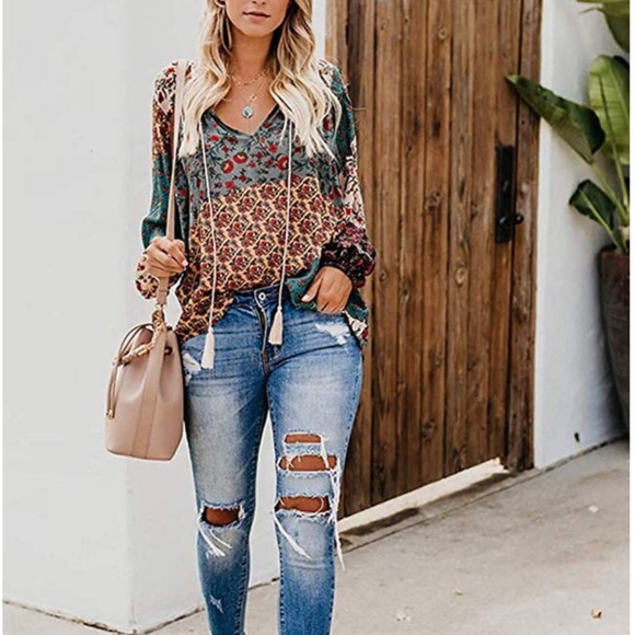 Boho Multicolored Long Sleeve Blouse - Picture 2 of 4